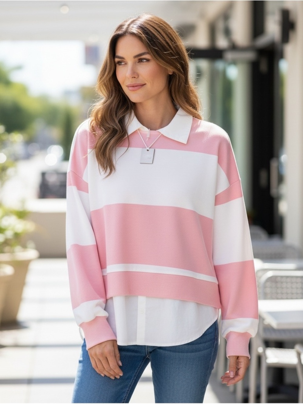 Cupio Pink and White Striped Layered Polo Sweatshirt